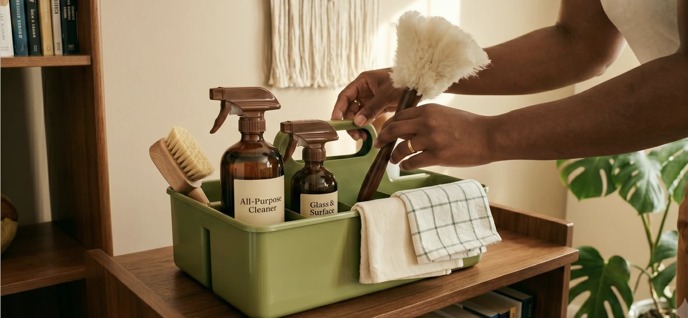 A lifestyle shot of hands arranging aesthetic, analog cleaning supplies like a wooden duster and amber glass spray bottles in a retro-style avocado green metal caddy. Set against a warm creamy taupe background, soft natural lighting.