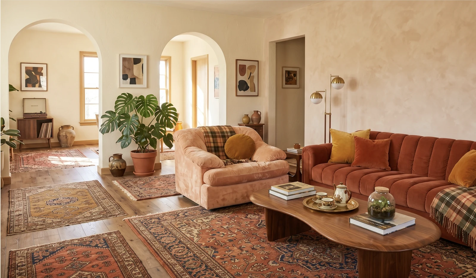 A beautifully curated, sunlit living space featuring warm vintage Persian rugs, arched doorways, and soft oversized velvet furniture in shades of soft peach and terracotta. 70s modern eclectic interior design, warm earthy tones, highly inviting.