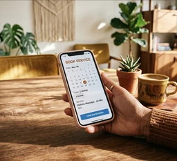 A warm, retro-tinted lifestyle shot of a hand holding a smartphone with a soft blush pink phone case, booking a service online, resting on a rich walnut wood table. 70s modern aesthetic, warm dappled sunlight.