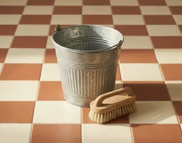 A close-up of a vintage ribbed metal bucket and a wooden handled scrub brush resting on a soft cream and terracotta checkerboard tile floor. Bathed in warm, natural sunlight, highly textured, nostalgic and clean.