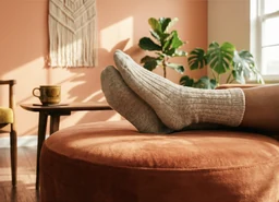 A pair of feet in cozy ribbed socks resting on a plush, velvet terracotta ottoman in a sunlit 70s modern living room. Warm peach background, highly inviting and comfortable.